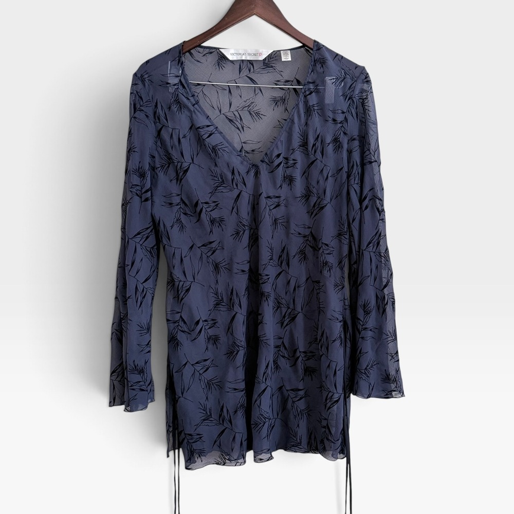 Victorias Secret Blue Flocked Leaf Print Sheer V-Neck Tunic Top Bell Sleeve L